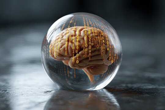 Brain encased in glass sphere, digital code