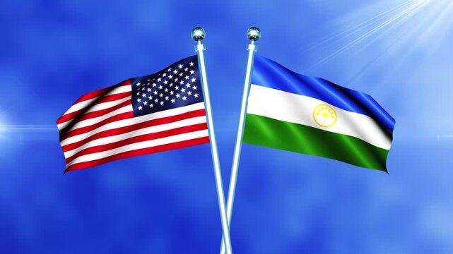 USA and Bashkortostan Flag Waving On Pole Loop