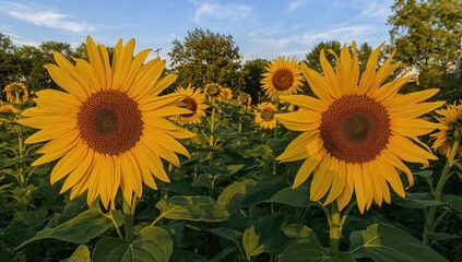Sunflowers basking in golden hour light, creating elongated shadows that enhance the scenery, seasonal change