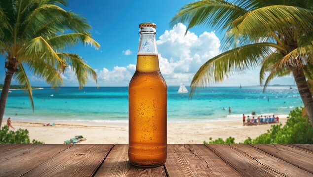 Chilled beer resting on a wooden table. Blank area for your design. Tropical beach scene with palm trees. Bright sunny day. Seaside view under a clear blue sky. Summer beach celebration