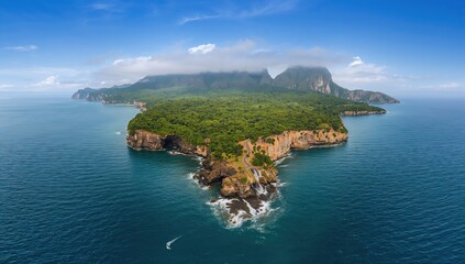 Tropical island landscape featuring a waterfall and ocean, showcasing remote beauty and natural serenity