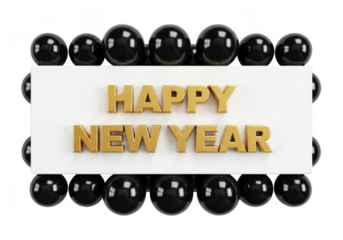 Golden happy new year text surrounded by black balloons isolated on transparent background