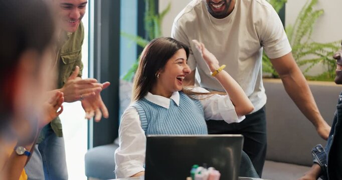 Happy people, laptop and winning with high five for teamwork, project success or achievement. Excited, group or employees with smile in celebration for promotion, bonus or business accomplishment