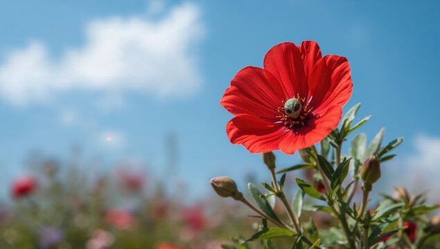 The alien concealing a vibrant red flower, a symbol of isolation