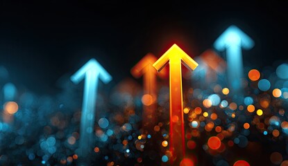 Upward-pointing arrows, one glowing orange, other blue, rising over bokeh lights