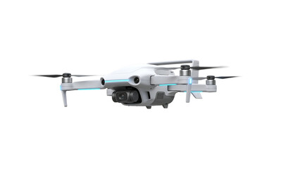 White quadcopter drone with camera and blue L E D lights isolated on a transparent background