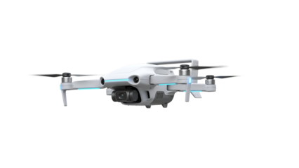White quadcopter drone with camera and blue L E D lights isolated on a transparent background