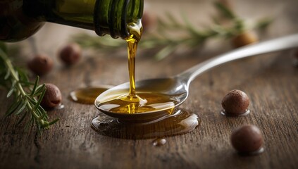 Pouring olive oil into a spoon on a surface, healthy fat option