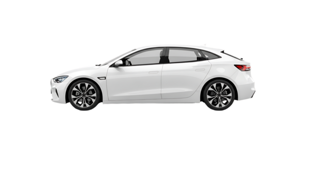 White sedan car with tinted windows and alloy wheels isolated on a transparent background