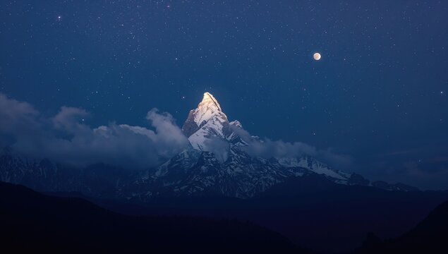 Moonlit starry sky lights up Mount Machhapuchhra (Fish Tail 6993 meters) in the Himalayas, showcasing seasonal change