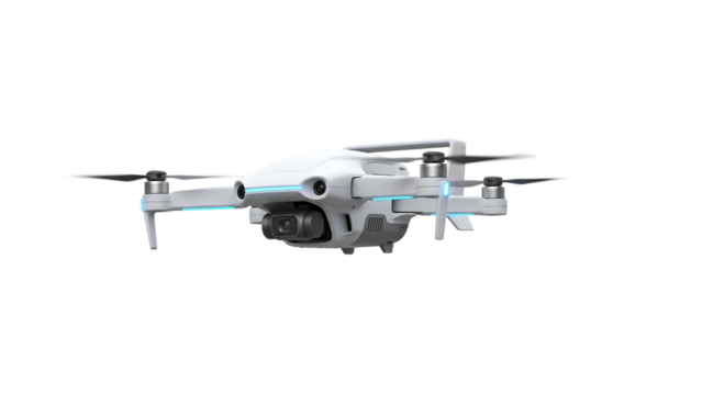 White quadcopter drone with camera and blue L E D lights isolated on a transparent background - Powered by Adobe
