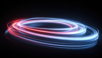 Illuminated trails of light, vibrant red and blue hues swirling against a stark black background