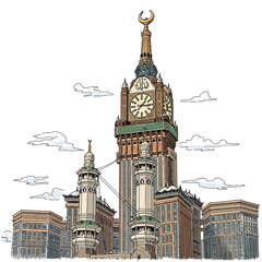 Stunning illustration of the Abraj Al-Bait Clock Tower in Mecca, Saudi Arabia, a modern architectural marvel with cultural significance and Islamic design elements