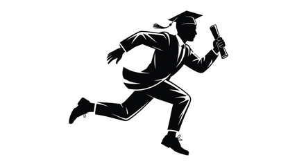 Silhouette of a graduating student in a cap and gown running with a diploma in hand graduation graduate