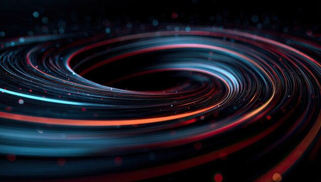 A stylized swirling vortex composed of glowing lines and particles against a dark background