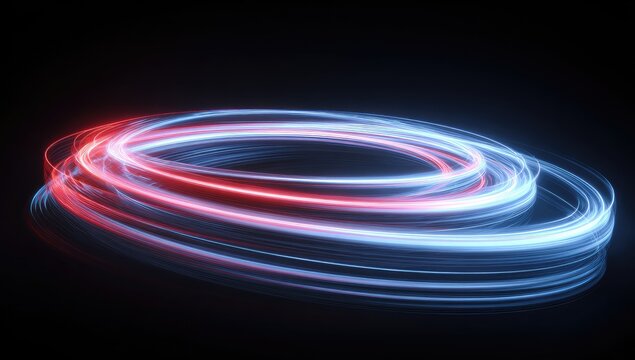 Illuminated trails of light, vibrant red and blue hues swirling against a stark black background