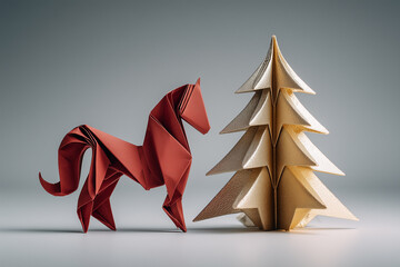 AI-generated red origami horse beside golden metallic Christmas tree