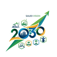 Saudi Vision 2030 logo symbolizing growth and progress with modern architecture, renewable energy, and economic diversification showcasing a promising future