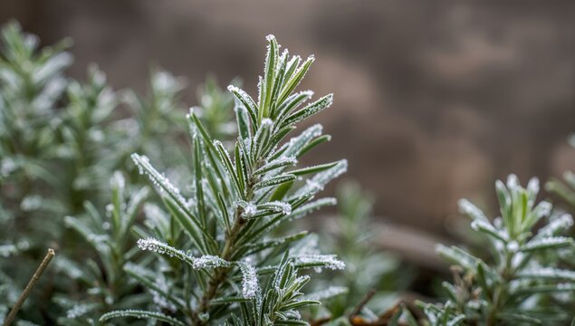 Rosemary culinary herb covered in frost in a winter garden, seasonal change