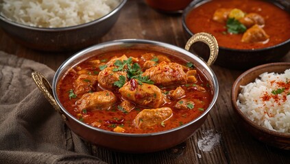 Chichen Madras served in a stewpot alongside rice and soup, showcasing a protein-rich meal