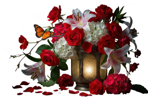 Elegant floral arrangement with lantern and butterfly isolated on transparent background - Powered by Adobe