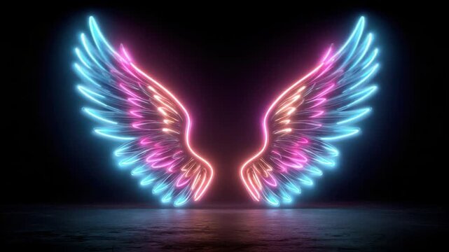 Vibrant neon angel wings in blue, pink, and orange glow against a dark background