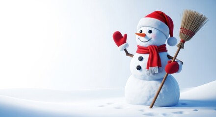 Cheerful snowman wearing a hat and scarf holding a broom isolated on white background