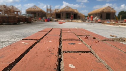Red bricks arranged on a cement floor at a construction site, showcasing urban density