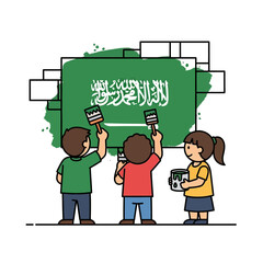 Children painting the Saudi Arabia flag together in celebration of national unity and pride, fostering patriotism and artistic expression for a bright future