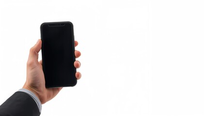 Rear view of a hand grasping a smartphone against a white backdrop, focusing on technology engagement, marketing relevance