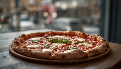 A delicious pizza served in an urban setting, ideal for sharing with friends