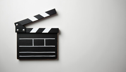 Black film clapperboard lies on white surface. Symbol of cinema filmmaking starting a new project. Movie production art or design concept. Visual element for creative content.