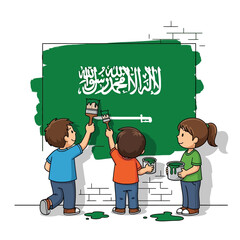 Joyful kids painting the Saudi Arabian flag on a brick wall celebrating national pride and unity, fostering creativity and cultural awareness together