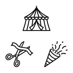 School Events Icon Set Festival Tent Ribbon Cutting Popper Line