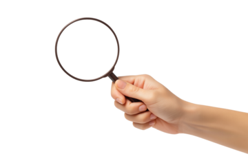 hand holding clear magnifying glass isolated on white background for inspection, analysis, research, scrutiny, transparency, search, discovery, focus, clarity, minimal concept