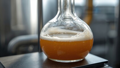 Yeast-filled glass on scale during final beer brewing stage, fermentation process observation