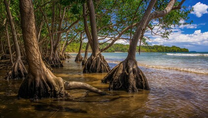 Mangrove habitat featuring trees and roots at the river-sea junction