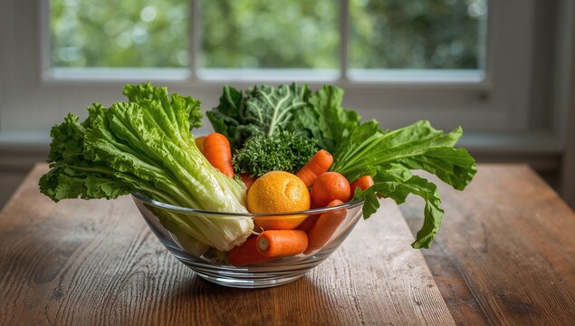 Fresh vegetables arranged in a glass bowl on a kitchen countertop, promoting a fiber-dense choice