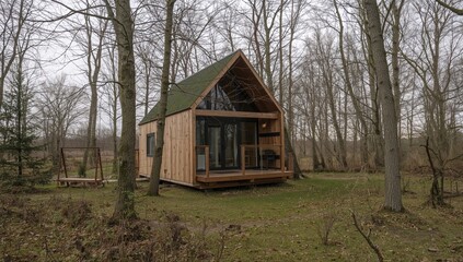 A modern wooden tiny house nestled among bare trees in winter, ideal for a serene escape
