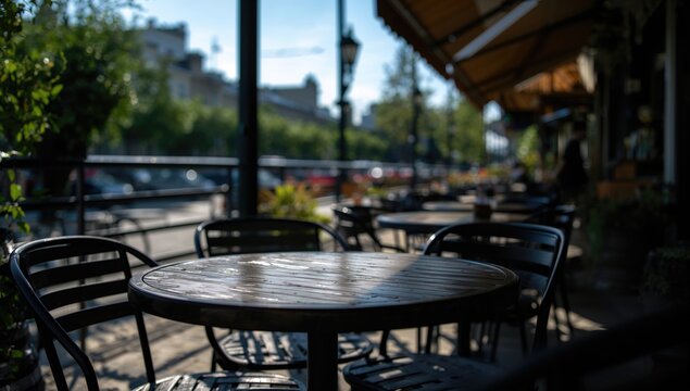 Shadowed outdoor cafe table and chairs on terrace, ideal for relaxation