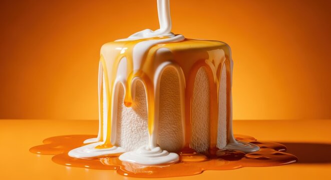 A square cake covered in dripping caramel and white icing against an orange background