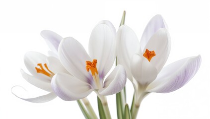 White and purple crocus flowers on a white backdrop, suitable for editorial header background
