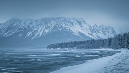 Obraz premium Winter Scene of Coastal Shoreline and Mountains, highlighting seasonal change