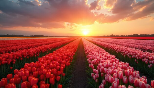 Vibrant tulip field at golden sunset. Rows of red, pink flowers bloom under warm sky. Nature beauty, bright spring colors create peaceful country landscape scene with glowing light, tranquil