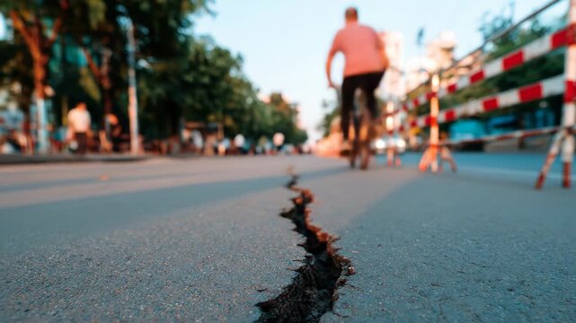 Earth crack on asphalt road surface after earthquake or natural disaster