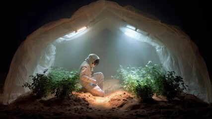 A person in a white spacesuit kneels on sandy ground inside a translucent tent, tending a small greenhouse with leafy plants. - Powered by Adobe