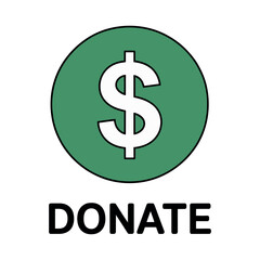 A green circle with a white dollar sign and the word DONATE below it.