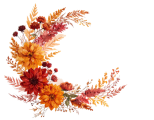 Floral crescent moon illustration, watercolor style. Features dahlias and autumn leaves