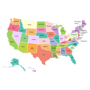 USA Map with State Names. Colorful political map of the United States of America with all 50 states. Vector illustration