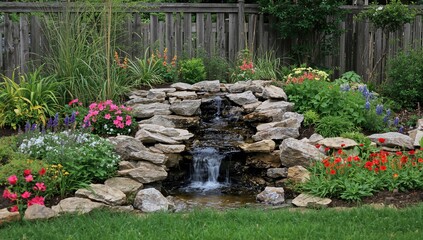 A peaceful garden showcases a delightful stone fountain flowing softly amidst colorful blooms and rich foliage, complemented by a wooden fence providing seclusion and a natural feel.